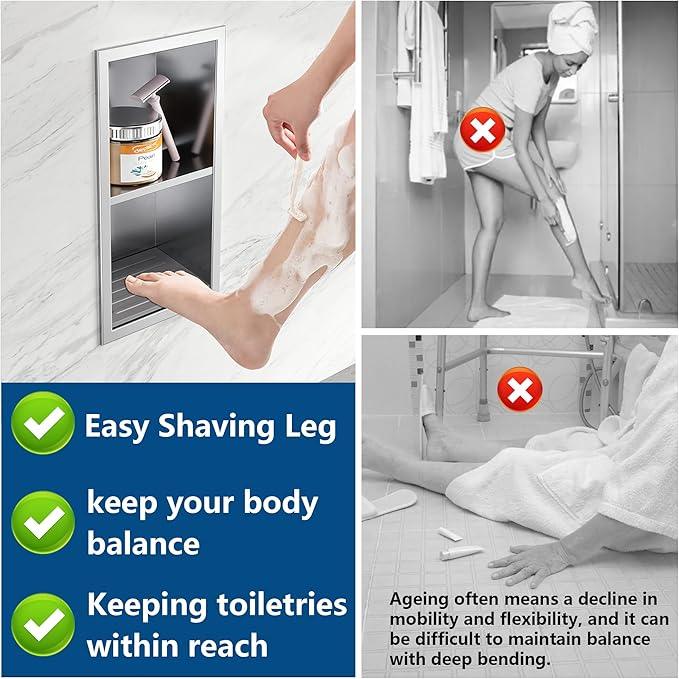 Qeke Shower Foot Rest for Shaving Legs, 304 Stainless Steel Footrest Niche With Holder, Recessed Shower Niche, Brushed Nickel, 5.9" X 12.3" - ModernBath