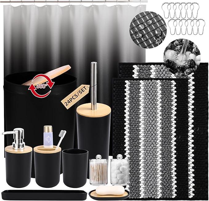 SLDIYWOW Black Bathroom Accessories-Bathroom Sets with Shower Curtain and Rugs, No Slip Bathroom Rugs Super Absorbent, Black Waterproof Shower Curtain with Hooks,Black Bathroom Sets Complete for Home - ModernBath