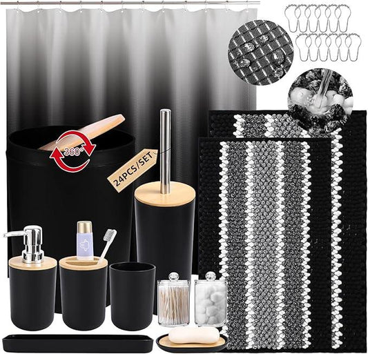 SLDIYWOW Black Bathroom Accessories-Bathroom Sets with Shower Curtain and Rugs, No Slip Bathroom Rugs Super Absorbent, Black Waterproof Shower Curtain with Hooks,Black Bathroom Sets Complete for Home - ModernBath