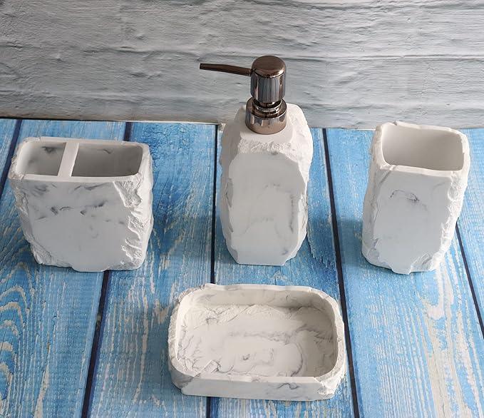 Hymmah Marble Bathroom Accessories Set,Marble Design Toothbrush Holder,Farmhouse Bathroom Decor,4 Pcs Resin Gift Set Apartment Necessities, Contain Toothbrush Cup,Soap Dispenser,Soap Dish,Tumbler - ModernBath