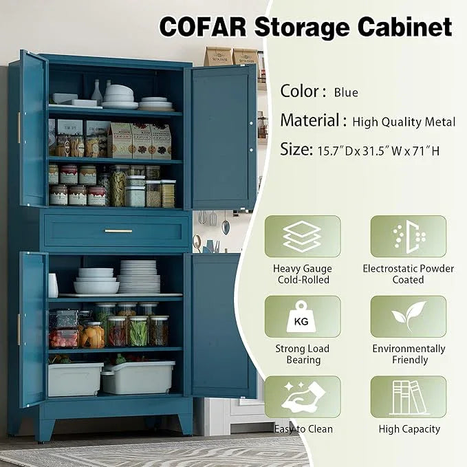 COFaR Farmhouse Storage Kitchen Pantry Cabinet with 4 Barn Door, 4 Adjustable Shelves, Drawer and Legs, for Cupboard/Dining Room/Bathroom/Living Room/Office/Laundry Room(Blue Green, 71" Metal Cabinet) - ModernBath