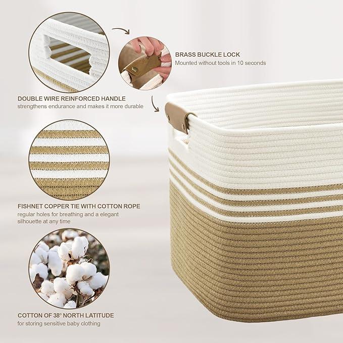 45L Small Laundry Basket with Leather Handles for Living Room Storage, Woven Rope Baskets Bin for Blanket, Kids Toy, Gifts, Wicker Hamper for Bedroom Dirty Clothes, 18"x14"x11" Khaki - ModernBath
