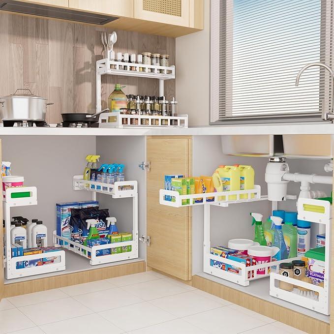 Under Sink Organizer 2 Pack, Metal Large Capacity 2-Tier Sliding Cabinet Storage Rack, Heavy-Duty Rust-Resistant Steel Frame, Holds 50 lbs Each, Adjustable Height 12–16", 14"D x 11"W for Home, White - ModernBath