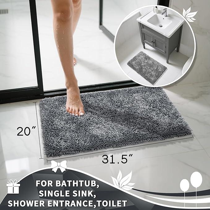 Yimobra Chenille Bathroom Rugs Non Slip, Extra Thick Soft Absorbent Bath Rug 31.5x20 Inch, Machine Washable Quick Dry Bath Mat for Bathroom Floor, Tub and Shower, Home Decor Accessories, Silver - ModernBath