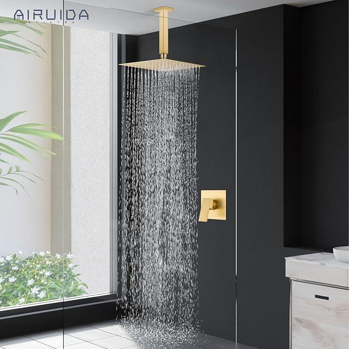 Airuida Shower Faucet Set and Handle Set Single Function Shower Trim Kit Ceiling Mount Rainfall Shower System with Male Threads and Rough-in Valve 10 Inch Square Shower Head Brushed Gold - ModernBath