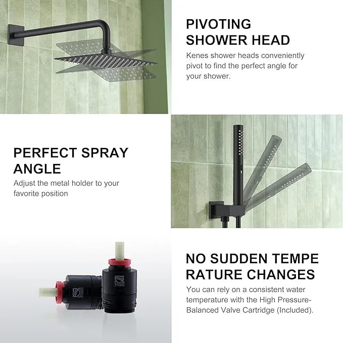 KENES Matte Black Rainfall Bathroom Shower System Rain Shower Head and Handle Set, Shower Faucet Set with 10-Inch Rain Showerhead and Handheld Spray, (Shower Valve Included), LJ-6026A-2 - ModernBath