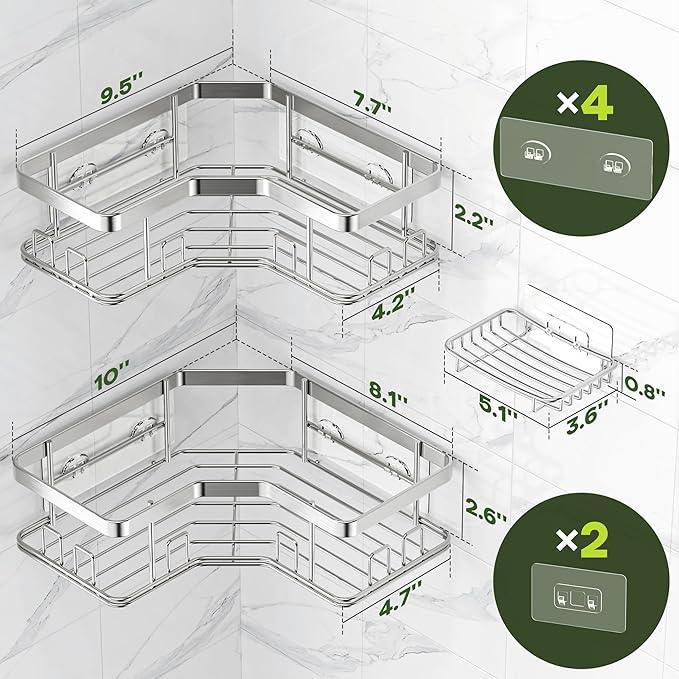 MAXIFFE 3 Pack X-Large Corner Shower Caddy with Soap Holder, Large Capacity Sturdy Easy Install No Drilling Stainless Steel Hold 40 LB Shower Organizer Shelves Rack for Family Renter Bathroom, Silver - ModernBath