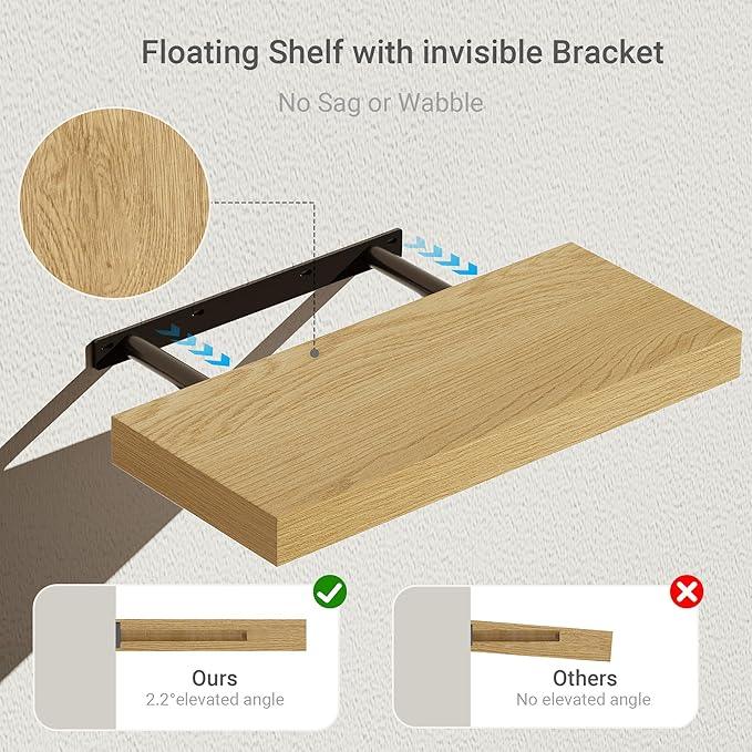 Vivelove Floating Shelves for Wall Mounted, 16 inchs Shelf for Small Bathroom, Bedroom, Living Room, Kitchen, Modern Home Decor, Rustic Farmhouse Wall Shelves with Invisible Brackets - Set of 2, Oak - ModernBath