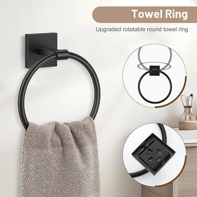 Towel Ring Set 4 Piece Bathroom Hardware Set Includes Towel Ring 2 Towel Hooks and Toilet Paper Holder Stainless Steel Wall Mounted (Matte Black) - ModernBath