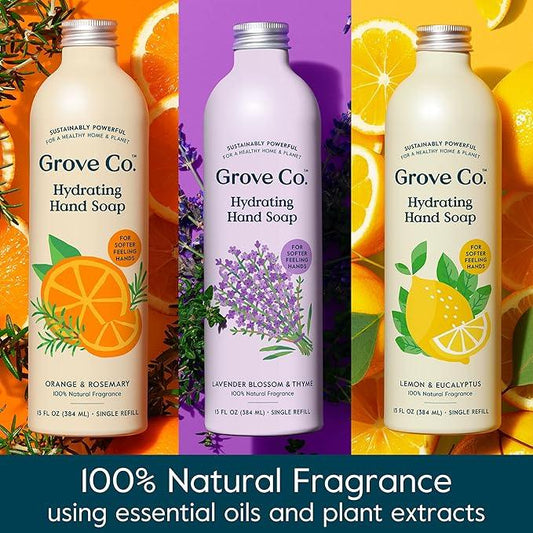 Grove Co. Hydrating Gel Hand Soap Refills (3 x 13 Fl Oz) Plastic-Free Liquid Hands Cleaner Refill Set, 100% Natural Lemon & Eucalyptus + Lavender & Thyme + Orange & Rosemary Fragrance - ModernBath