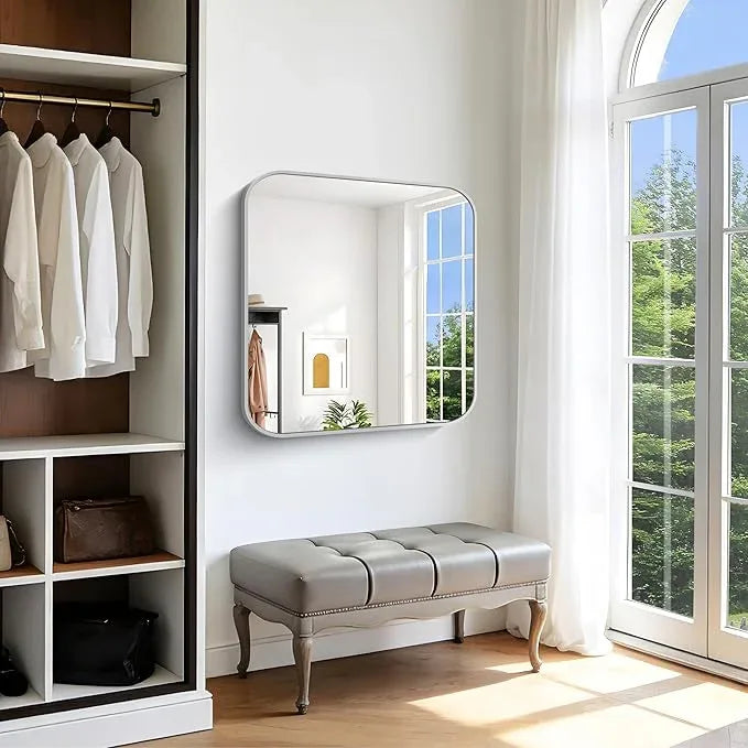 CIVENO Silver Bathroom Mirror, 36 x 36 Inch Square Mirrors for Wall, Aluminum Metal Framed Vanity Mirror, Rounded Corner Wall Mounted Mirror for Over Sinks Living Room Bedroom Entryway - ModernBath