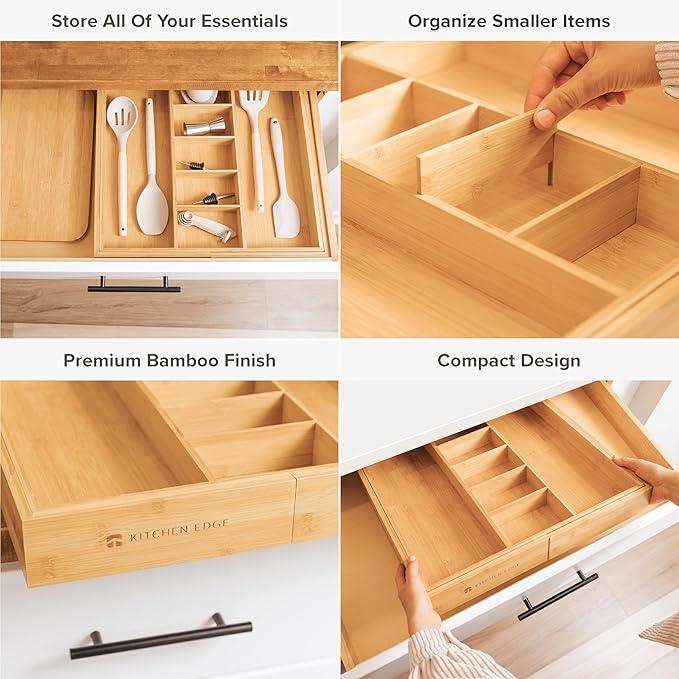 KitchenEdge Adjustable Kitchen Drawer Organizer for Utensils and Junk, Food-Safe Contract Grade with 100% Sustainable Wood, Expandable from 19 to 33 Inches Wide - Natural Bamboo - ModernBath