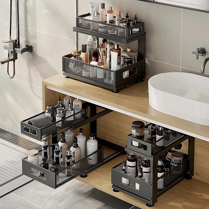 2 Pack Under Sink Organizer with Next-Gen Ball-Bearing Slides,2-Tier Pull Out Cabinet Storage,Height Adjustable Drawer Shelf for Bathroom,Kitchen,Laundry,Cabinet,Pantry(Patent Pending) - ModernBath