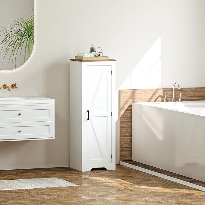 HOMCOM Farmhouse Storage Cabinet with Adjustable Shelf, Single Barn Door Small Bathroom Storage Cabinet for Living Room, Floor Pantry Cabinet, White - ModernBath
