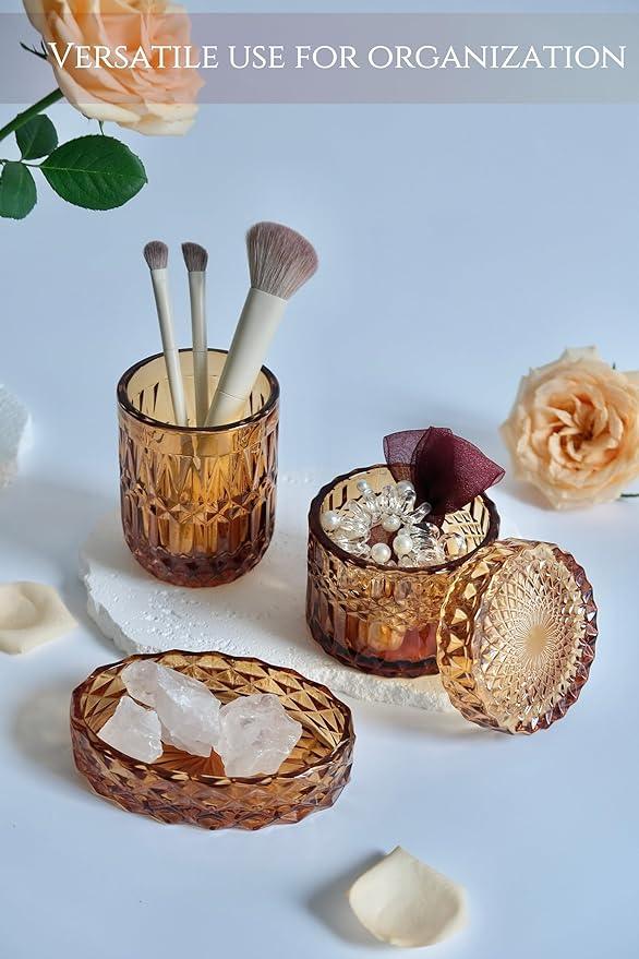 LaMarriti Amber Bathroom Accessories Set, 5Pcs Clear Glass Bathroom Sets, Hand Soap Dispenser, Soap Dish, Toothbrush Holder Set, Qtips Holder for Crystal Vintage Bath Decor, Set - ModernBath