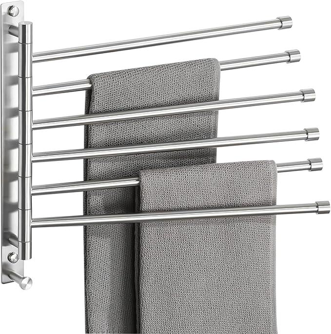 Alise Swivel Towel Rack, SUS304 Stainless Steel 6 Arms Towel Bar, Space Saving Swing Out Towel Bar with Hook, Towel Racks Wall Mounted for Bathroom, Brushed Nickel - ModernBath