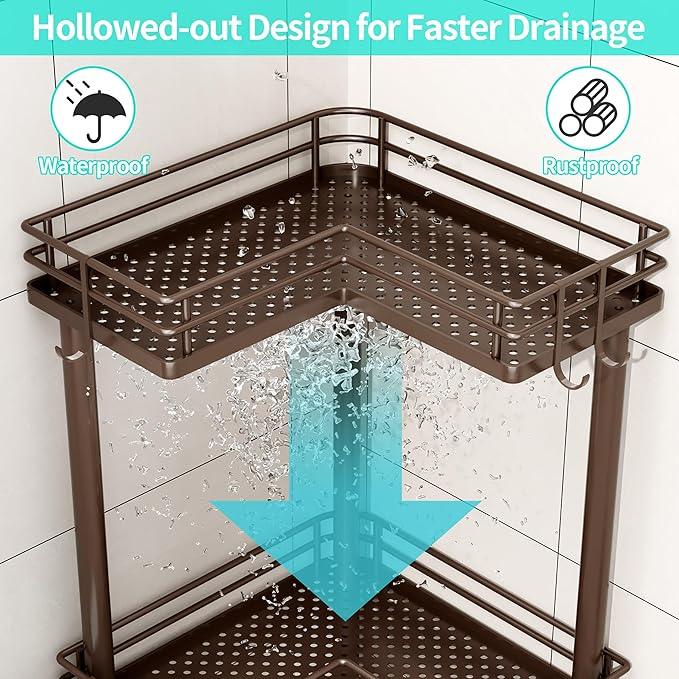 HapiRm Corner Shower Caddy Standing - 3 Tier Shower Organizer Corner with Soap Holder, Rustproof Bathroom Standing Organizer with 4 Hooks, Bronze - ModernBath