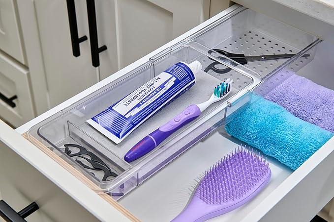 madesmart Expandable Dental Tray Drawer Organizer with Drying Stone, Clear Plastic Organizer for Toothbrush, Dental Floss, Water Flosser, Mouthwash - ModernBath