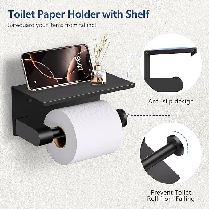 TQKAG 5 Piece Bathroom Towel Bar Holder Sets Matte Black Bathroom Hardware Set Stainless Steel Toilet Paper Holder with Shelf Bathroom Accessories Kit Wall Mounted - ModernBath