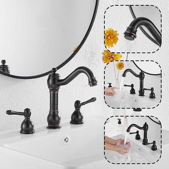 GGStudy 2 Handles 3 Holes Faucet Widespread Bathroom Sink Faucet Basin Tap Mixer Supply Hose Included Matching Pop Up Drain Oil Rubbed Bronze - ModernBath