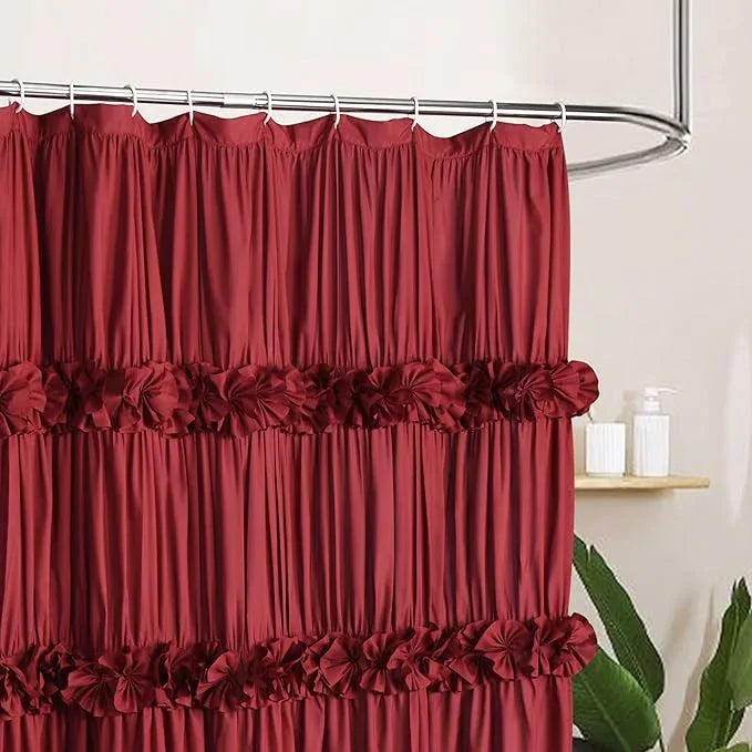 Homechoice Decor Burgundy Ruffle Shower Curtain, Vintage Handcrafted Bow Tie Bath Curtain for Master Bathroom, Ruched Microfiber Bathroom Curtain with 12 Buttonholes, 72" W x 72" H (LQ-10) - ModernBath
