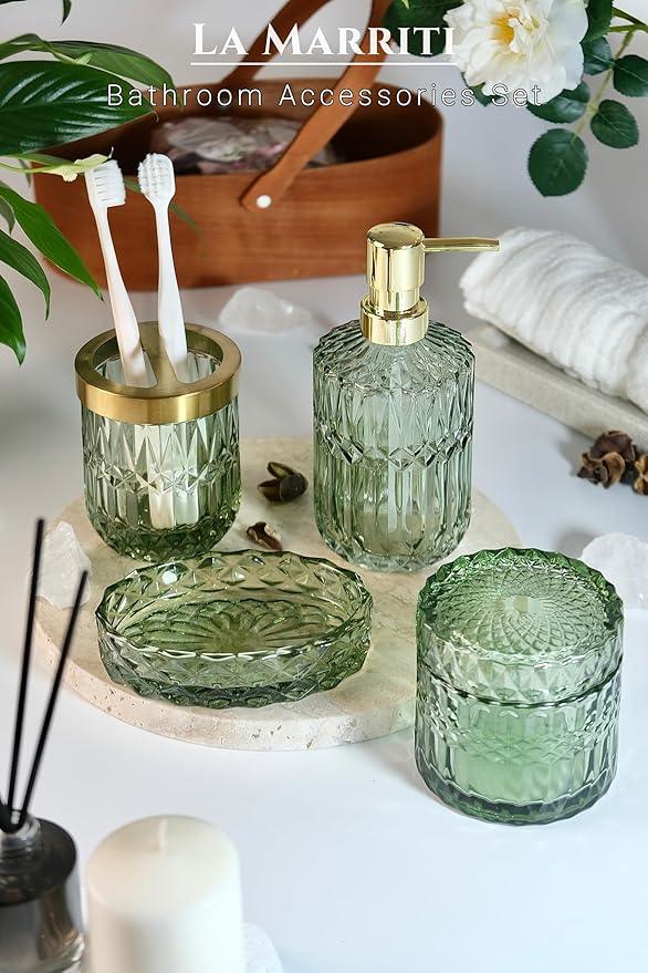 LaMarriti 4pcs Glass Bathroom Accessories Set, Clear Green Bathroom Soap Dispenser Set, Toothbrush Holder, Soap Dish, Soap Dispenser, Qtips Holder Set for Crystal Vintage Bath Decor (Green) - ModernBath