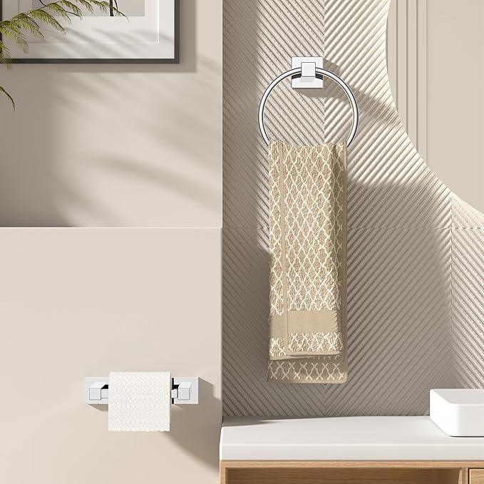 FORIOUS Toilet Paper Holder Wall Mount and Hand Towel Ring Set, SUS 304 Stainless Steel Double Post Pivoting Tissue Roll Holder, Modern Bathroom Hardware Accessories Set, Chrome - ModernBath