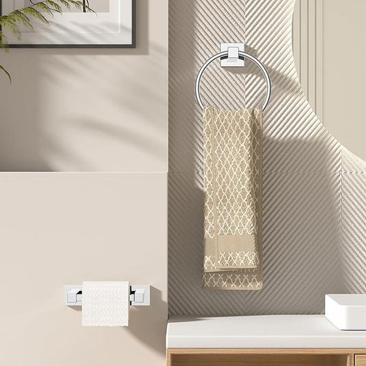 FORIOUS Toilet Paper Holder Wall Mount and Hand Towel Ring Set, SUS 304 Stainless Steel Double Post Pivoting Tissue Roll Holder, Modern Bathroom Hardware Accessories Set, Chrome - ModernBath