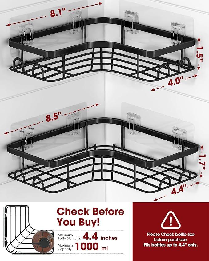 Corner Shower Caddy - 2 Pack, Adhesive Shower Organizers, Rustproof Stainless Steel Shower Shelves with 8 Hooks, No Drilling Bathroom Organizers and Storage Racks, Space-Saving, Black,Medium - ModernBath