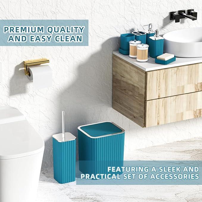 XLHOMO Bathroom Accessories Set - Gorgeous Bathroom Set, 10PC Teal Bathroom Accessory Set, Toilet Brush, Trash Can, Qtip Holder Dispenser & Soap Dispenser - ModernBath