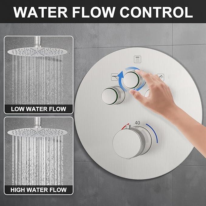 KOJOX Brushed Nickel Thermostatic Shower System, Push Button Diverter Shower Faucet Set with 12" Ceiling Mount Rain Shower, 8" Wall Mount Shower Head, and 3-in-1 Handheld Spray - ModernBath