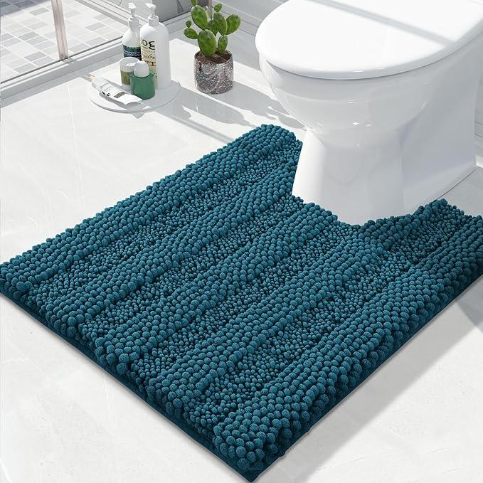 Yimobra Toilet Rugs U Shaped Washable 24 x 20, Non Slip and Super Absorbent Toilet Mat, Quick Dry, Ultra Luxury Microfiber Chenille Plush Fluffy Contour Bath Rugs for Toilet Base, Peacock Blue - ModernBath
