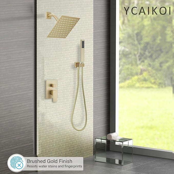 YCAIKOI Brushed Gold Shower System, 8 Inch High Pressure Rain Shower with Handheld, Wall Mount Shower Faucet Set for Bathroom, Rough-in Valve Body and Trim Included - ModernBath