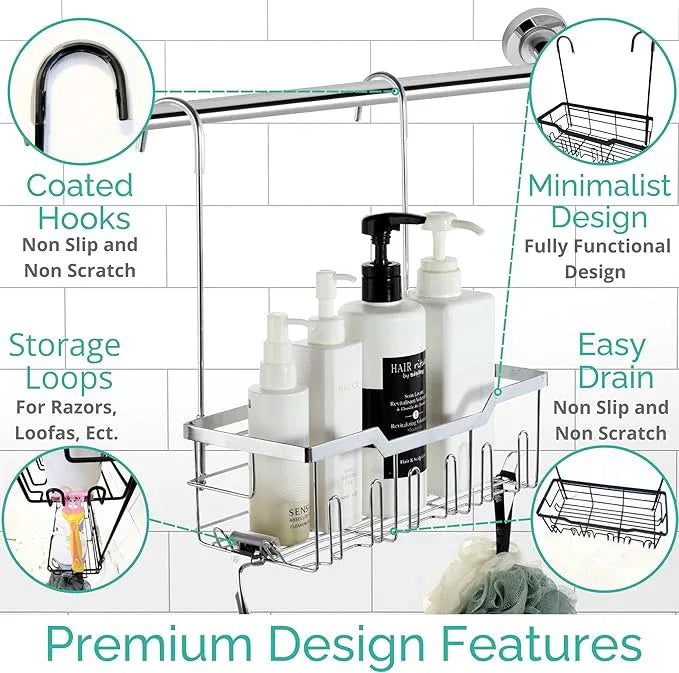 Small Shower Caddy Hanging - Shower Door Caddy Hanging with Rotatable Hooks and Adhesive Mount - Perfect for Bathroom Toiletries - Spacious & Convenient Bathroom Storage Solution 304 Stainless Steel - ModernBath