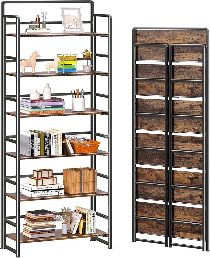 4NM No Assembly 6 Tiers Folding Bookshelf Storage Shelves Vintage Bookcase Standing Racks Study Organizer Home Office (Rustic Brown Black) - ModernBath