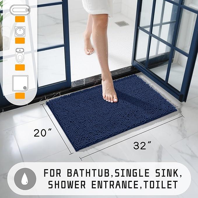 Yimobra Washable Bathroom Rugs, Super Soft & Absorbent Chenille Bath Mat for Floor & Carpet, Quick Dry Non Slip Bath Mat for Tub Shower, 32"x20",Navy Blue - ModernBath