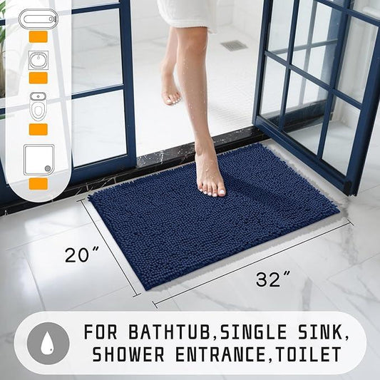 Yimobra Washable Bathroom Rugs, Super Soft & Absorbent Chenille Bath Mat for Floor & Carpet, Quick Dry Non Slip Bath Mat for Tub Shower, 32"x20",Navy Blue - ModernBath