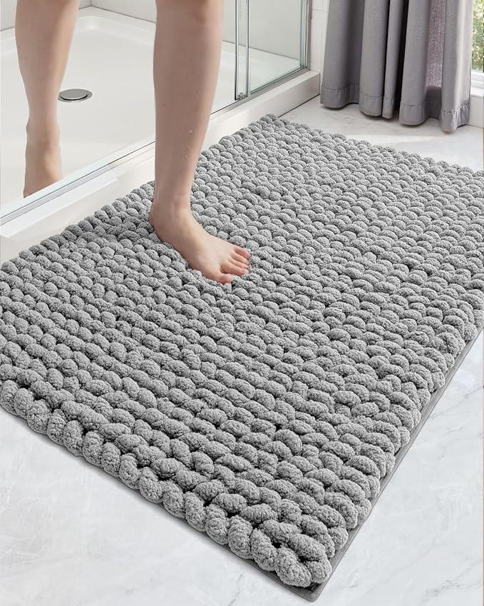 DEXI Bathroom Rugs 24x36, Non Slip Washable Bath Mat, Luxury Chenille Super Absorbent Ultra Thick Bathmats for Shower Floor, Plush Fluffy Shaggy Carpet for Tub, Light Grey - ModernBath