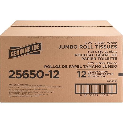 Genuine Joe Jumbo Roll Bath Tissue - 2-Ply White Toilet Paper, 3.3" x 650' per Roll, 12 Count Bulk Pack, Recycled Fiber, Commercial Grade for Dispensers - ModernBath