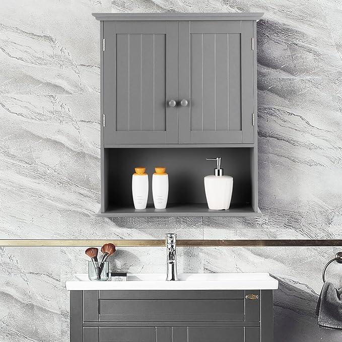 COSTWAY Wall Mounted Bathroom Cabinet, Over The Toilet Storage Cabinet w/Double Doors & Adjustable Shelf, Wood Hanging Medicine Cabinet for Living Room, Entryway, Kitchen (Gray) - ModernBath
