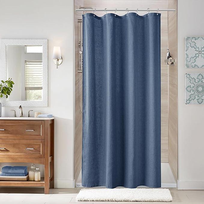 Naturoom Vintage Blue 42 Inch Shower Curtain - Stall Narrow Half Linen Ultra Thick Fabric Shower Curtain Set with Hooks, Boho Farmhouse Rustic RV Camper Bath Curtains for Bathroom, 42x72 - ModernBath