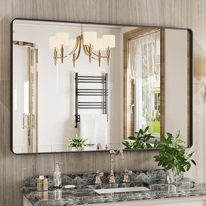 JISOSO Black Bathroom Mirror 48X32 Inch, Black Metal Framed Mirror for Wall, Rounded Rectangle Matte Bathroom Vanity Mirror with Tempered Glass, Anti-Rust, Horizontal/Vertical - ModernBath