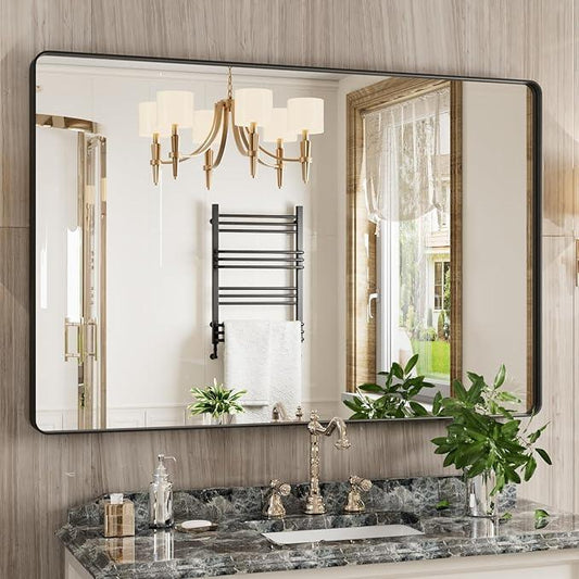 JISOSO Black Bathroom Mirror 48X32 Inch, Black Metal Framed Mirror for Wall, Rounded Rectangle Matte Bathroom Vanity Mirror with Tempered Glass, Anti-Rust, Horizontal/Vertical - ModernBath
