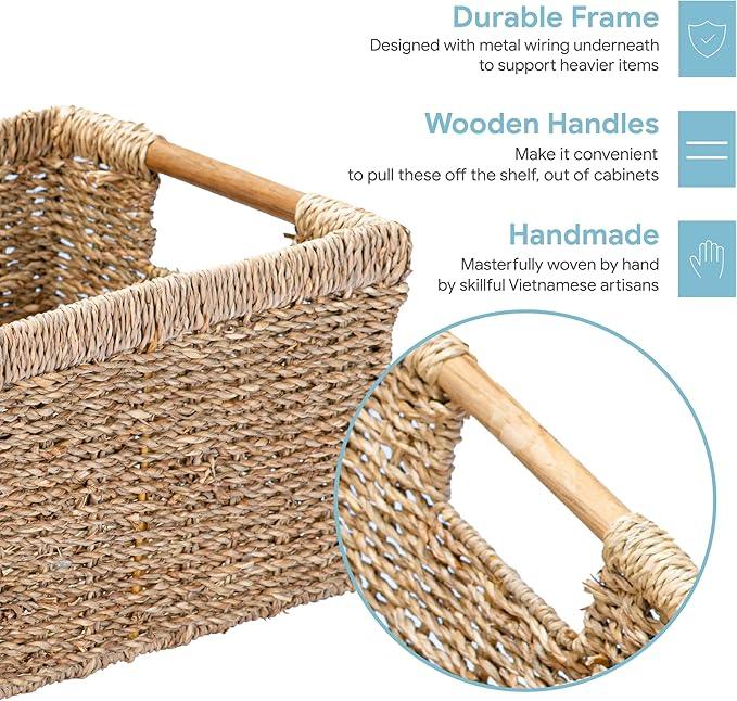 Natural Seagrass Basket with Wooden Handle, Medium Rectuangular Wicker Basket for Living Room 12.2 x 8.9 x 6.7 inches - 3 Pack - ModernBath