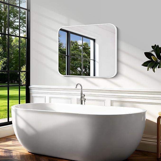 BONEWEI White Bathroom Mirror,30x36 inch Wall Mirror for Bathroom Wall Mounted,Rectangle Mirror for Bathroom Over Sink,Modern Frame Round Corner for Living Room,Bedroom Entryway,Horizontal/Vertical - ModernBath