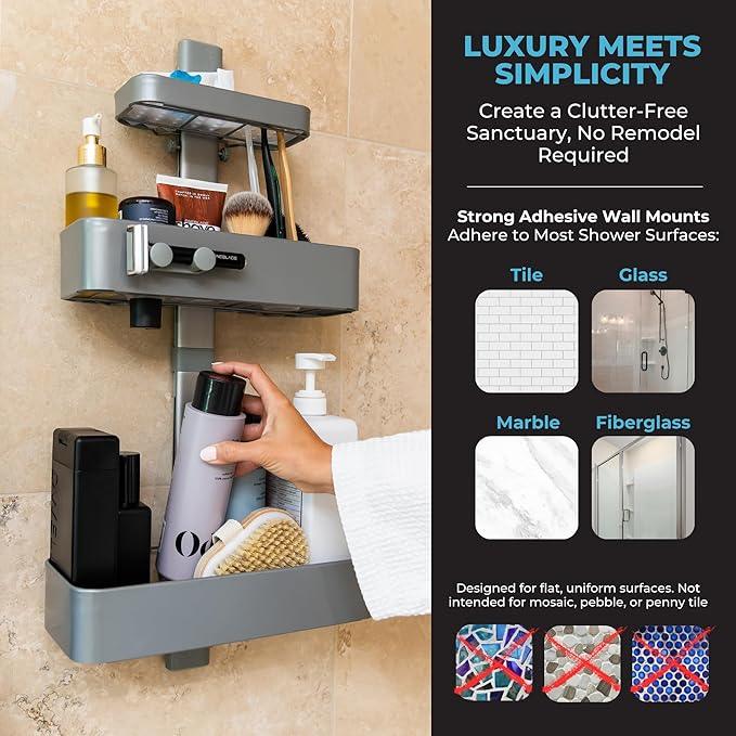 ShowerSMART Rust Resistant Hygienic Shower Caddy – Hanging Bathroom Organizer with Adjustable Shelves, Easy Clean Trays & Magnetic Hooks for DIY Remodels & Shower Niches - Graphite - ModernBath
