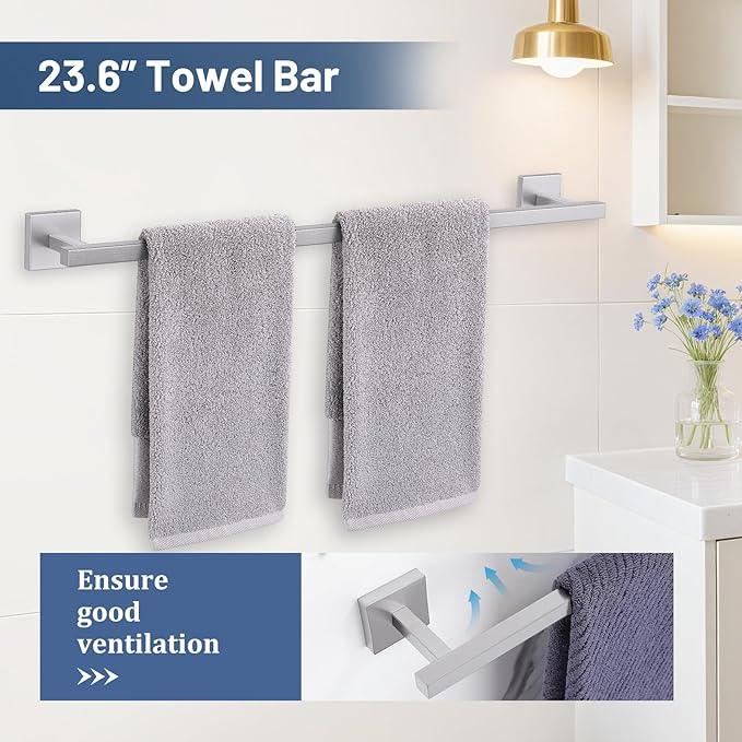 TURS 5-Pieces Brushed Nickel Bathroom Hardware Accessories Set 23.6" Towel Bar Set Wall Mounted Square Toilet Paper Holder with Shelf Stainless Steel - ModernBath