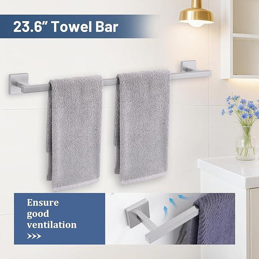TURS 5-Pieces Brushed Nickel Bathroom Hardware Accessories Set 23.6" Towel Bar Set Wall Mounted Square Toilet Paper Holder with Shelf Stainless Steel - ModernBath
