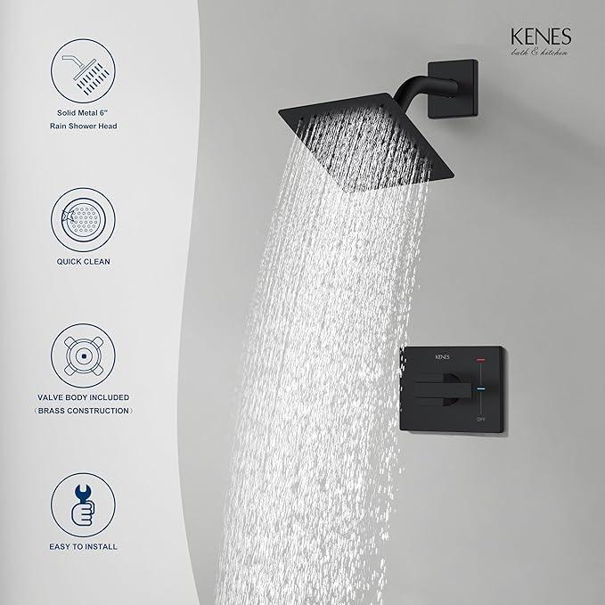 KENES Matte Black Shower Faucet with 6-Inch Shower Head and Handle Set, Square Shower Faucet Set Bathroom Rainfall Shower System Wall Mount, KE-6025B-2 (Shower Valve Included) - ModernBath