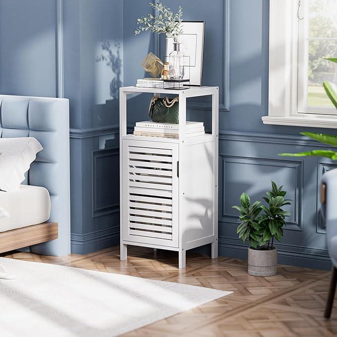 HITNET Bamboo Bathroom Storage Cabinet, 4 Tier Small White Floor Cabinet with Single Door, Free Standing Slim Narrow Storage Organizer for Bedroom Living Room - ModernBath